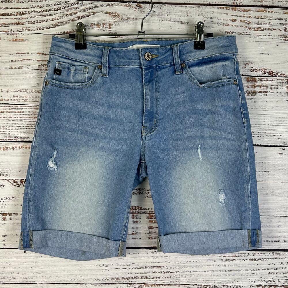 Womens KanKan Light Wash Blue Jean Denim Bermuda Shorts Cuffed Distressed 9/28
